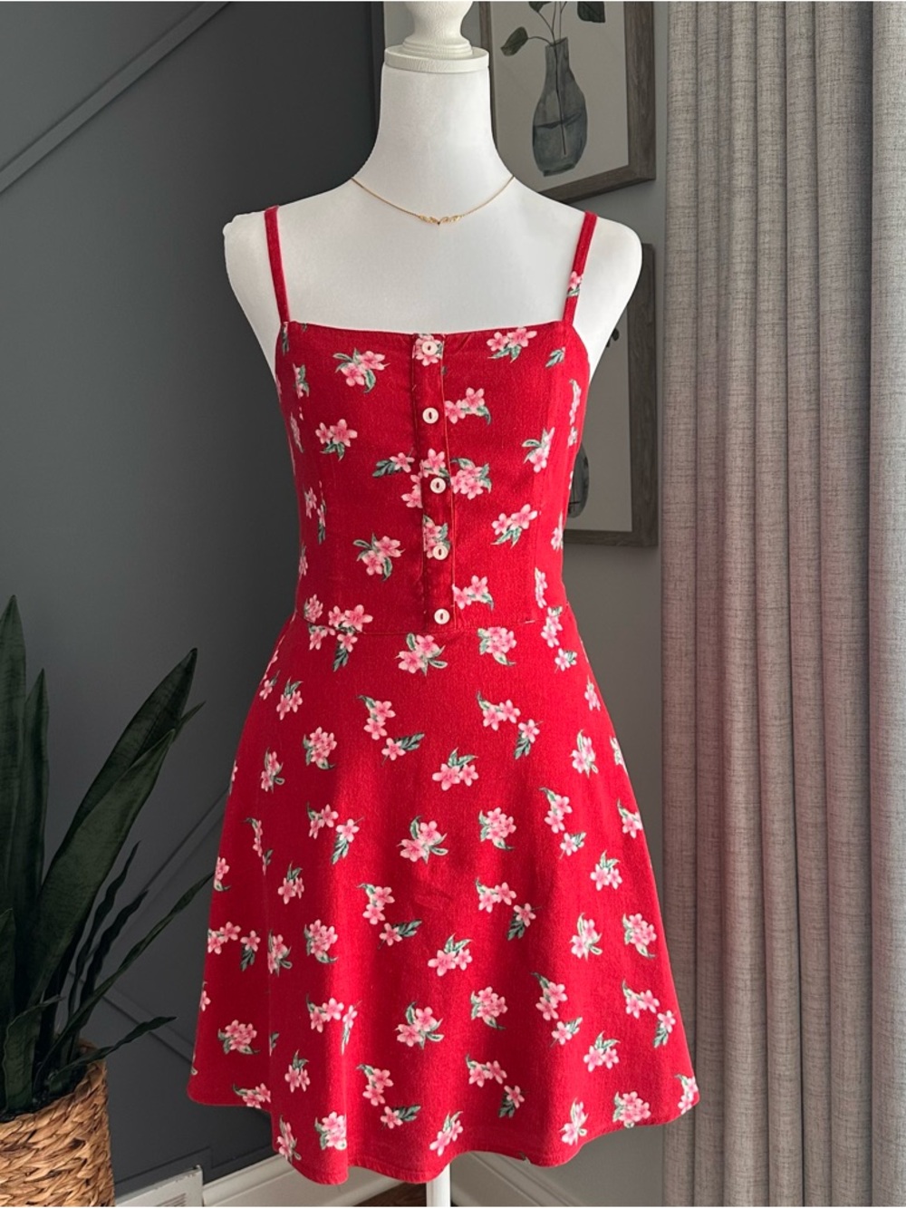 Hollister Red Floral Button-Front Mini Dress with Spaghetti Straps